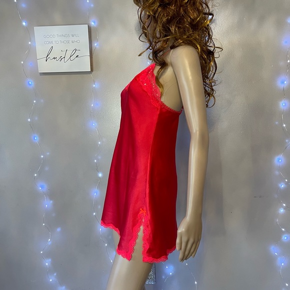Red Victoria’s Secret Rhinestone Lace Trim Satin Slip/Chemise Babydoll - Picture 10 of 14